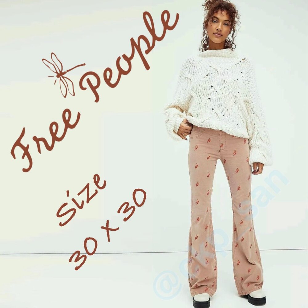Rare Free People Embroidered Pull On Corduroy Flares Sz 30